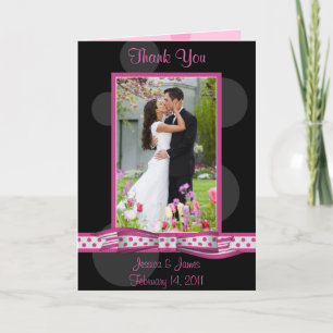 Cartão De Agradecimento Pink Black White Polka Dot Wedding Photo Thank You