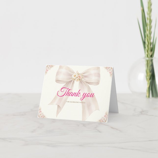 Cartão De Agradecimento Pink Blush Bow Princess Ribbon Birthday Thank You (Frente)