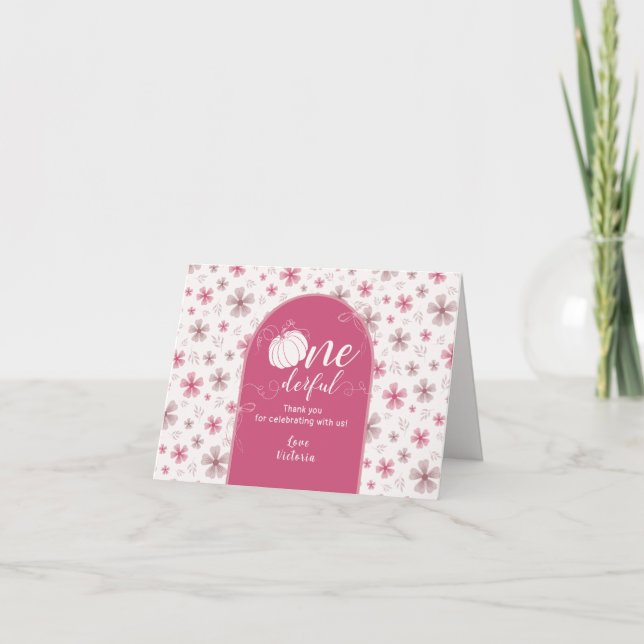 CARTÃO DE AGRADECIMENTO PINK BOW & ARCH FALL PUMPKIN FLOWERS BIRTHDAY (Frente)