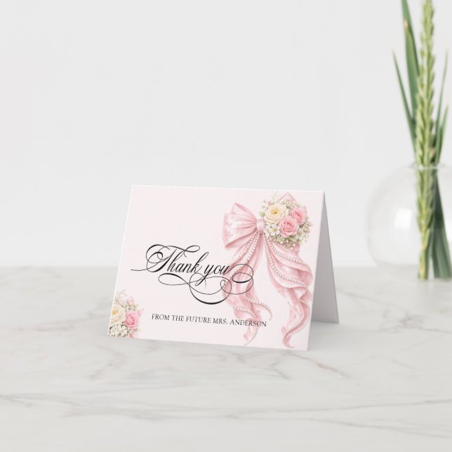 Cartão De Agradecimento Pink Bow Bridal Shower Thank You Card (Frente)