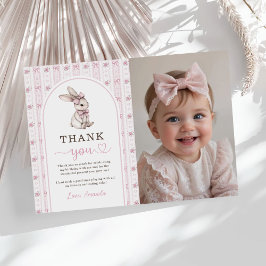 Cartão De Agradecimento Pink Bow Bunny Vintage Rabbit 1st Birthday Photo