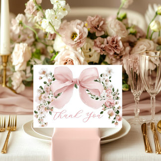 Cartão De Agradecimento Pink Bow Floral Girl Baby Shower Thank You Card