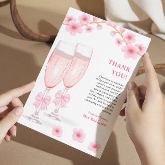 Cartão De Agradecimento Pink Bow Floral Petals and Prosecco Bridal Shower