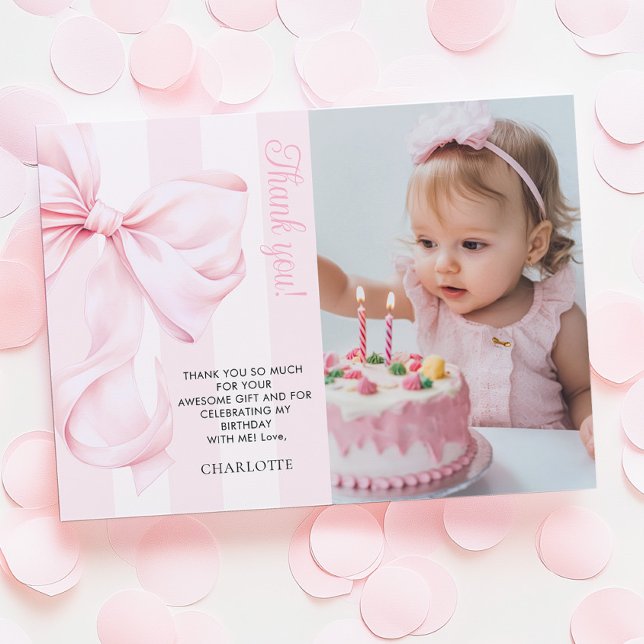 Cartão De Agradecimento Pink Bow Girl First Birthday Flat Thank You Card (Criador carregado)
