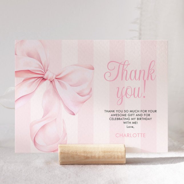 Cartão De Agradecimento Pink Bow Girl First Birthday Flat Thank You Card (Criador carregado)
