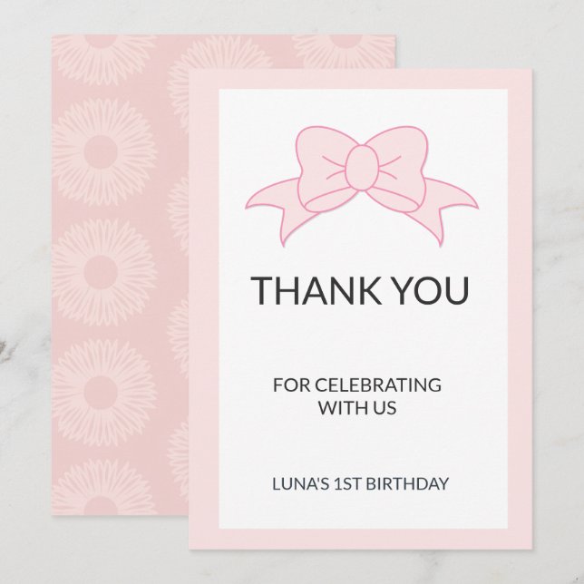 Cartão De Agradecimento Pink Bow Girl Kids 1st Birthday  (Frente/Verso)