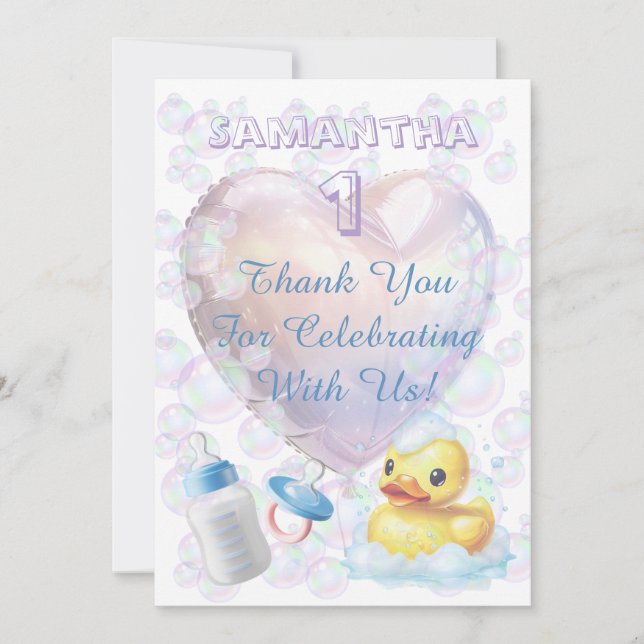 Cartão De Agradecimento Pink Bubble Duck Thank You (Frente)