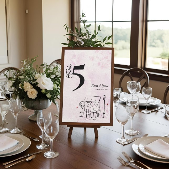 Cartão De Agradecimento Pink Café Sketch Wedding Reception Table Number (Pink Café Sketch Wedding Reception Table Number)
