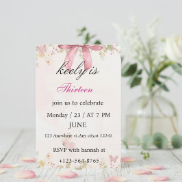 Cartão De Agradecimento Pink Coquette Bow Birthday Invitation