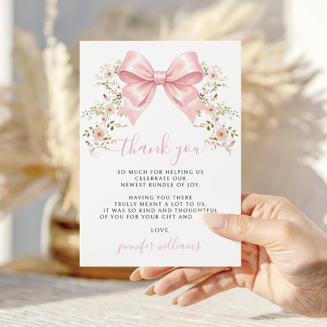 Cartão De Agradecimento Pink Coquette Bow Floral Preppy Baby Girl Shower (Criador carregado)