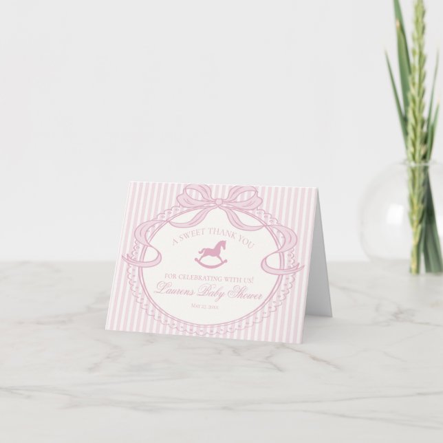 Cartão De Agradecimento Pink Coquette Bow Rocking Horse Baby Thank You  (Frente)