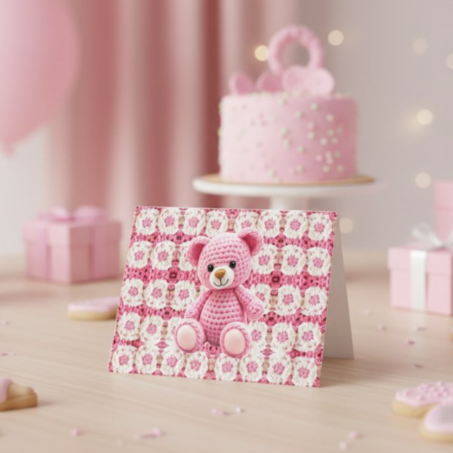 Cartão De Agradecimento Pink Crochet Bear | Baby Shower Thank You (Criador carregado)