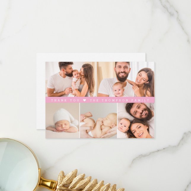 Cartão De Agradecimento Pink Custom Photo Collage Baby Shower (Frente/Verso In Situ)