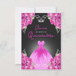 CARTÃO DE AGRADECIMENTO PINK ESPANHOL E QUINCEAÑERA PRETO - ROSAS ELEGANTE