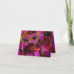 Cartão De Agradecimento Pink Feather Mask Masquerade Party Thank You Card