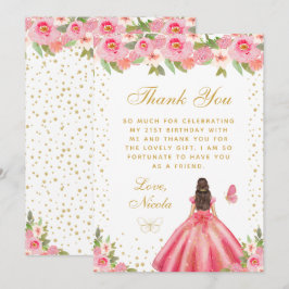 Cartão De Agradecimento Pink Floral Brunette Hair Princess Birthday Party