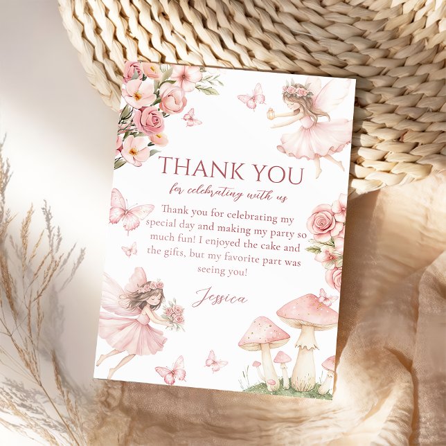Cartão De Agradecimento Pink Floral Fairy First Birthday Thank you card (Criador carregado)