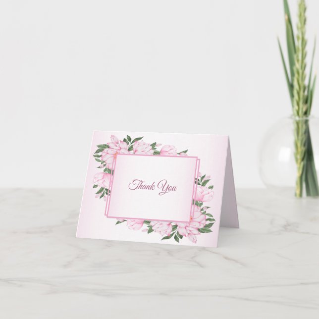 Cartão De Agradecimento Pink Floral Green Leaves Elegant Wedding Party (Frente)