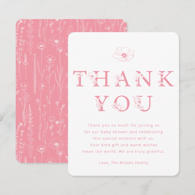 Cartão De Agradecimento Pink Floral Thank You Card | Baby Shower (Frente/Verso)