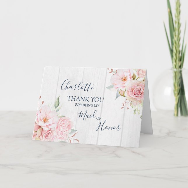Cartão De Agradecimento Pink Floral Wedding Maid of Honor Thank You (Frente)