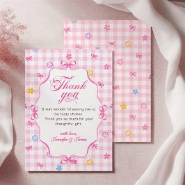 Cartão De Agradecimento Pink Gingham Floral Bow Baby Shower Thank You Card