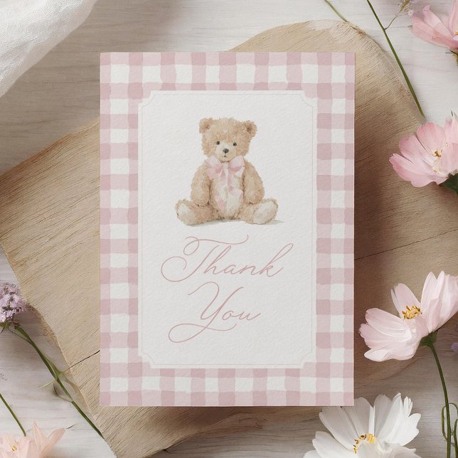 Cartão De Agradecimento Pink Gingham Teddy Bear Baby Shower (Criador carregado)