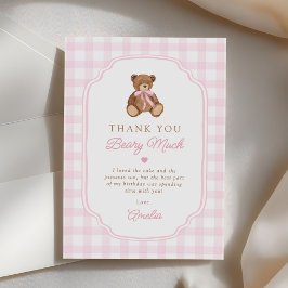 Cartão De Agradecimento Pink Gingham Teddy Bear Beary First Birthday