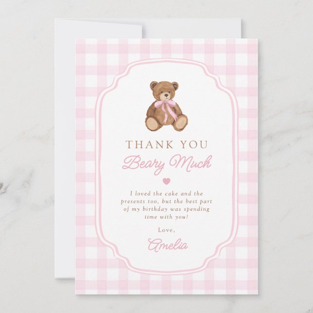 Cartão De Agradecimento Pink Gingham Teddy Bear Beary First Birthday (Frente)