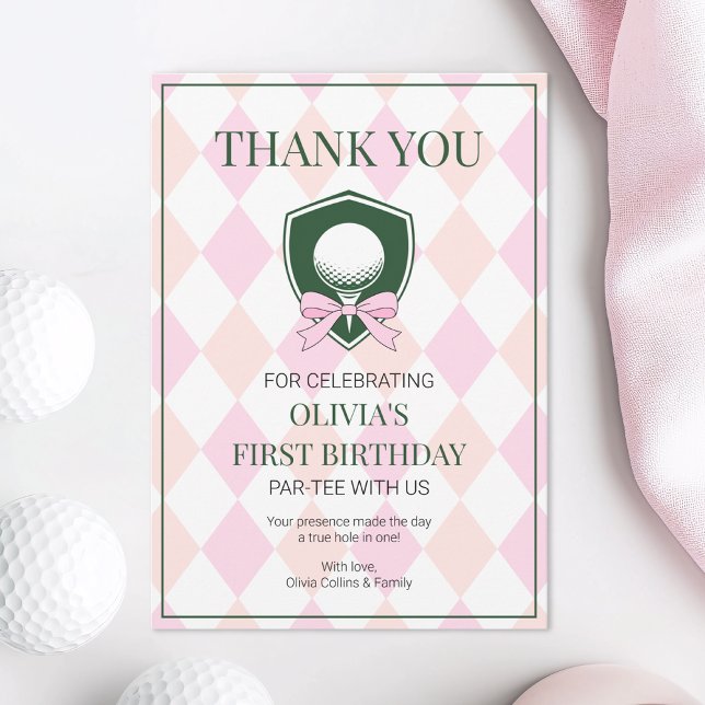 Cartão De Agradecimento Pink Golf Moderno Buraco em Um Meninas Aniversário (Pink Golf Modern Hole In One Girls 1st Birthday Thank You Card)