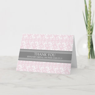 Cartão De Agradecimento Pink Gray Damask Bridal Shower Thank You Card