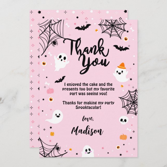 Cartão De Agradecimento Pink Halloween Cute Ghost (Frente/Verso)