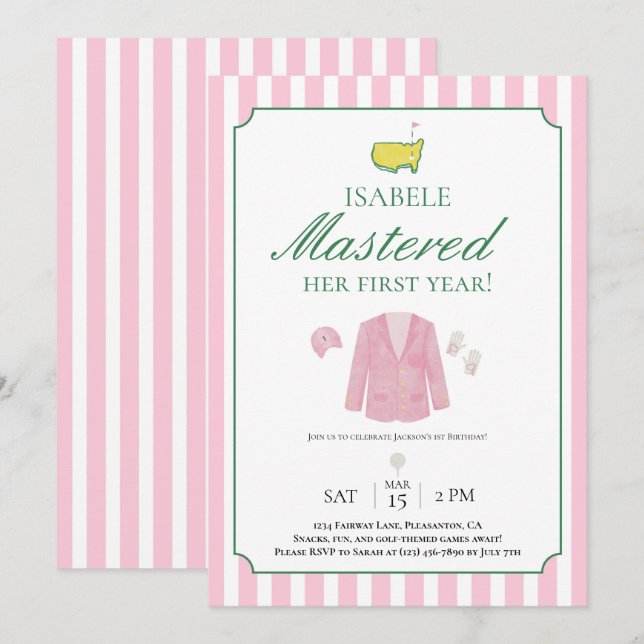 Cartão De Agradecimento Pink Jacket Golf First Birthday Invitation (Frente/Verso)