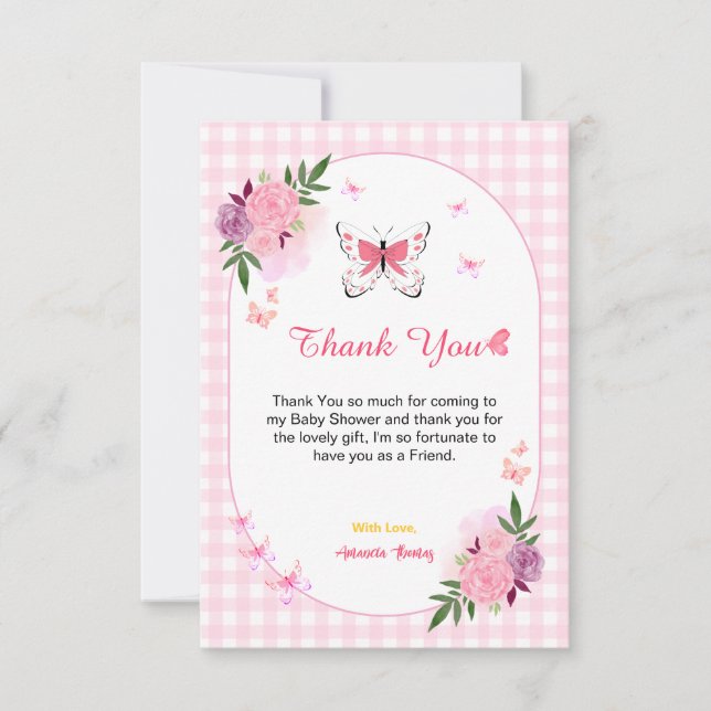 Cartão De Agradecimento Pink Little Butterfly Baby Shower Thank You Cards  (Frente)