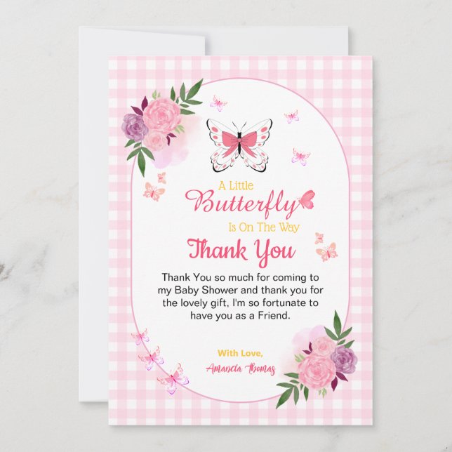 Cartão De Agradecimento Pink Little Butterfly Baby Shower Thank You Cards  (Frente)