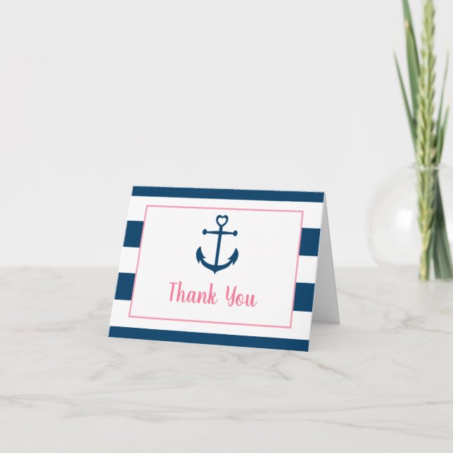Cartão De Agradecimento Pink Navy Girl Nautical Anchor Baby Shower (Frente)