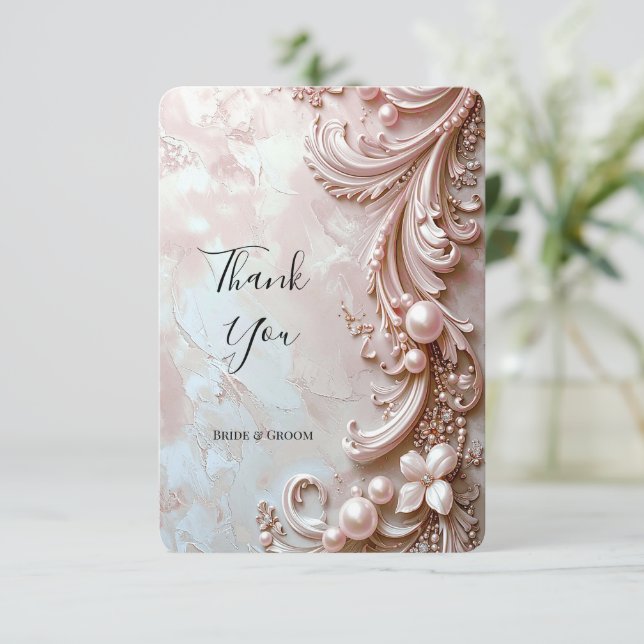 Cartão De Agradecimento Pink Ornate Pearl and Floral Thank You Card (Em pé/Frente)