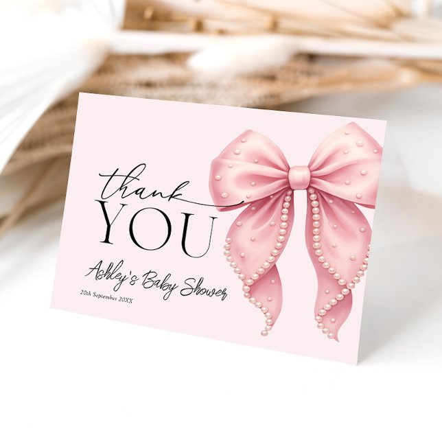 Cartão De Agradecimento Pink Pearl Bow Baby Shower Thank You Card (Criador carregado)