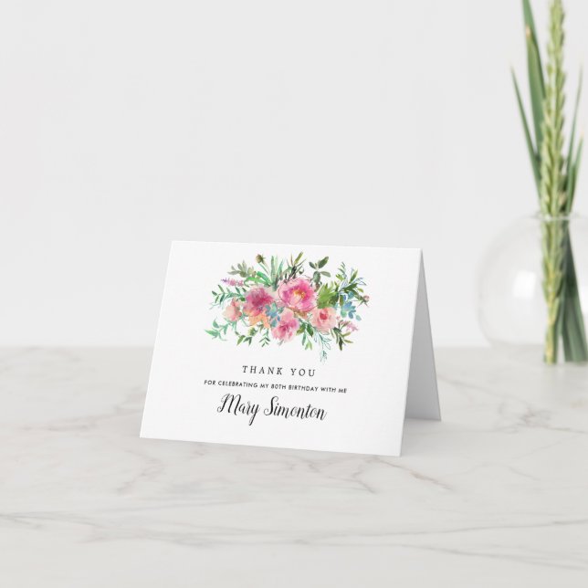 Cartão De Agradecimento Pink Peony Floral 80 Birthday Foto (Frente)