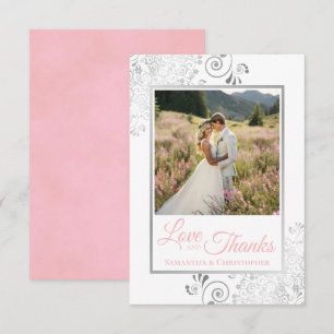 Cartão De Agradecimento Pink prateado com Obrigados e amor brancos