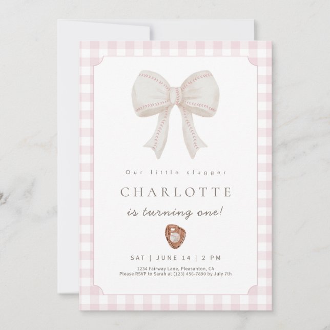 Cartão De Agradecimento Pink Preppy Baseball Bow Birthday Invitation (Frente)