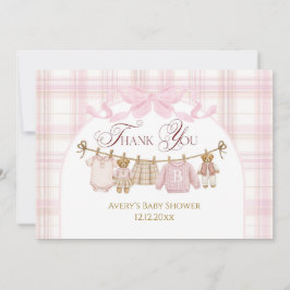 Cartão De Agradecimento Pink Preppy Teddy Bear Girl Baby Shower Plaid Bow