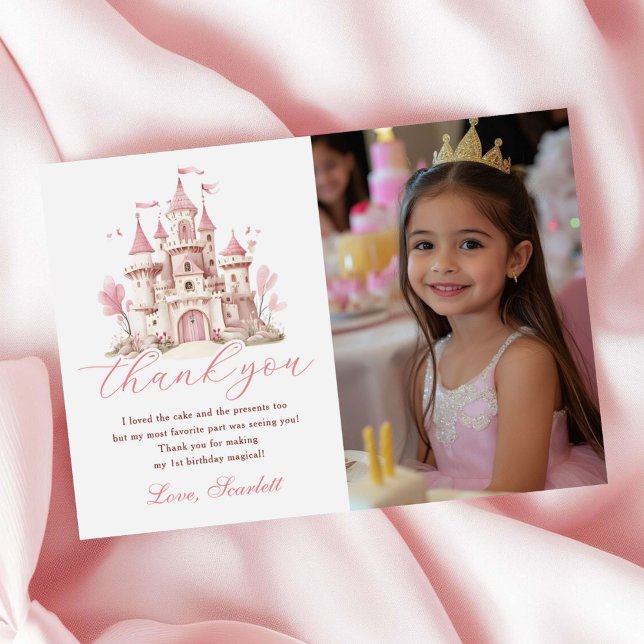 Cartão De Agradecimento Pink Princess Castle Girl's Birthday Party Photo (Criador carregado)