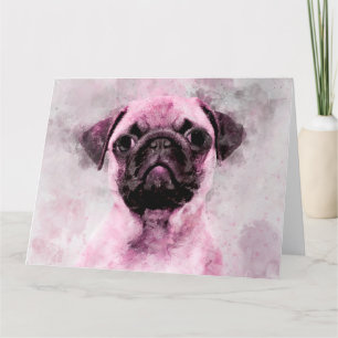 Cartão De Agradecimento Pink Pug Dog Watercolor Retrato 02