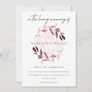 CARTÃO DE AGRADECIMENTO PINK PURPLE BLUSH FOLIAGE WREATH SYMPATHY MEMORIAL