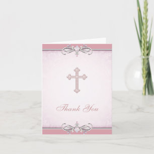 Cartão De Agradecimento Pink Rose Damask Cross Christian Thank You Card