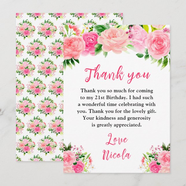 Cartão De Agradecimento Pink Roses with Foliage Birthday (Frente/Verso)