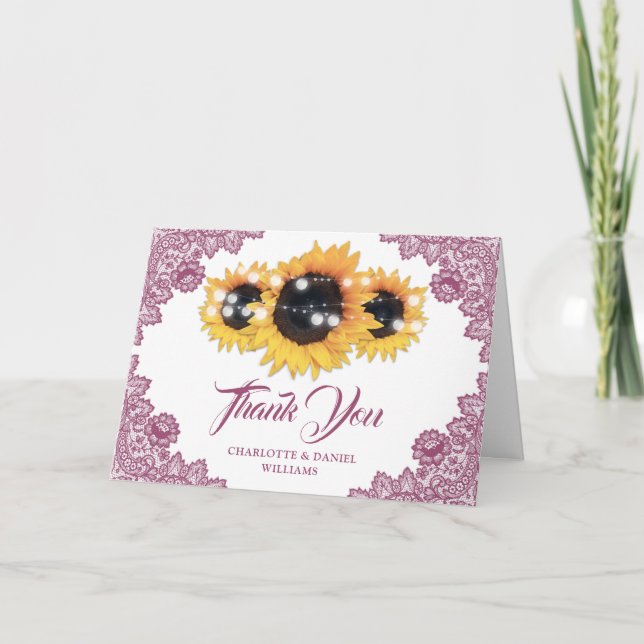 Cartão De Agradecimento Pink Rustic Floral Lace Sunflower Wedding (Frente)