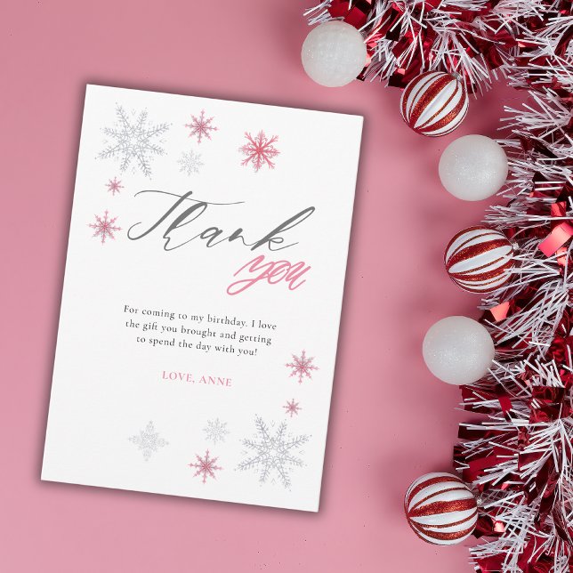 Cartão De Agradecimento Pink Silver Glitter Snowflakes 1st Birthday Party  (Criador carregado)