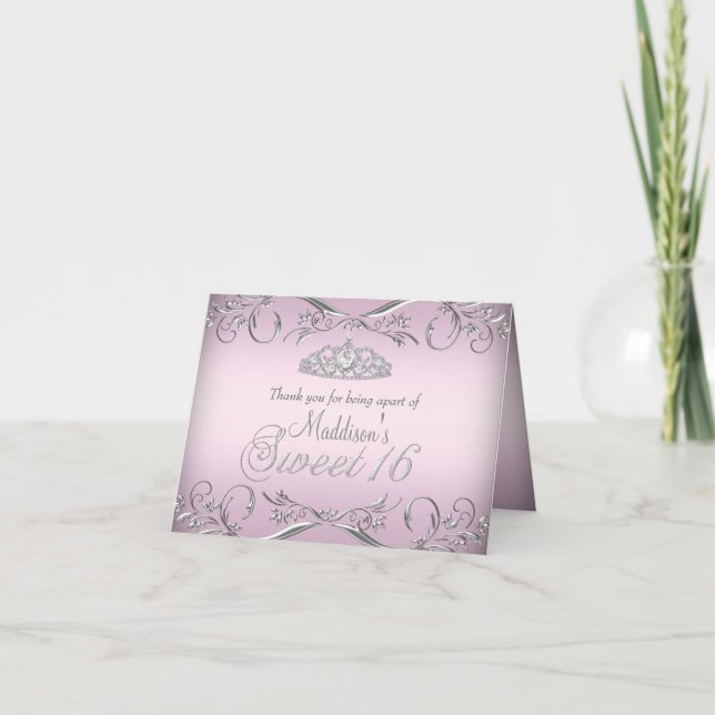 Cartão de Agradecimento Pink & Silver Tiara Sweet  (Frente)