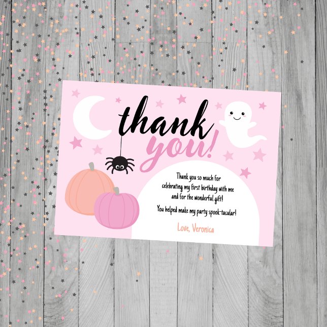 Cartão De Agradecimento Pink Spooky One First Birthday (Pink Halloween Thank You Card)